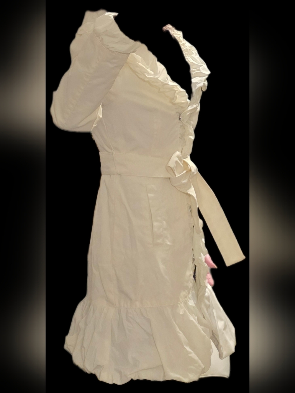 Bebe Ivory Ruffle-Trimmed Trench Coat with Belt Size Small, Like New. - Picture 5 of 17